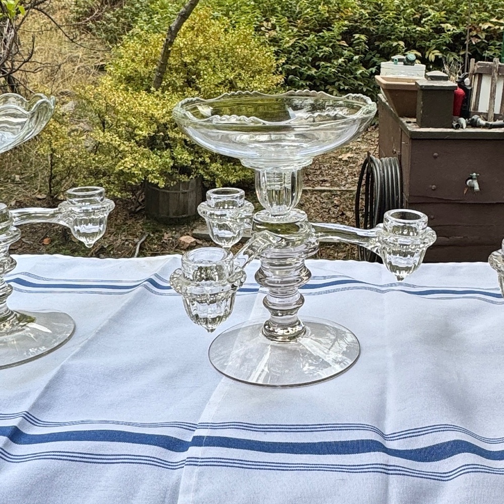 3 Cambridge Arms (?) Glass Candlesticks with 3-Arm Insert and Nappies